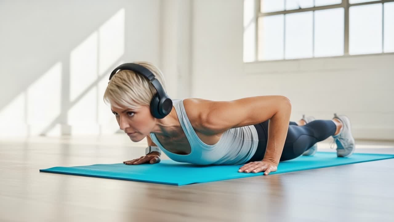 Appassionato di fitness che fa esercizi di push-up su un tappetino da yoga, con le cuffie in un ambiente interno luminoso e arioso