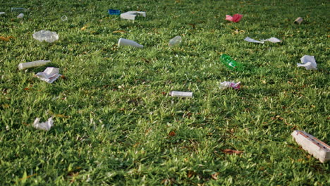 litter contaminating park grass illustrating environmental negligence problem.