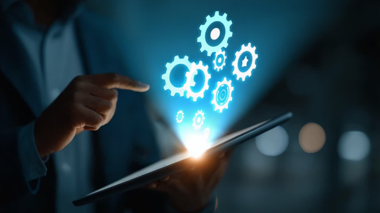 Exploring Digital Innovation: A Person Interacting with a Tablet Displaying Animated Gears, Symbolizing Technology and Mechanical Processes in a Modern Workspace