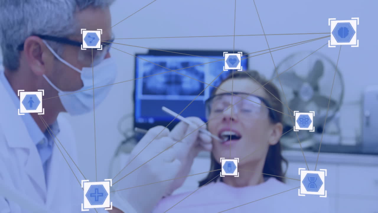Dentist examining patient with medical icons and network connections animation