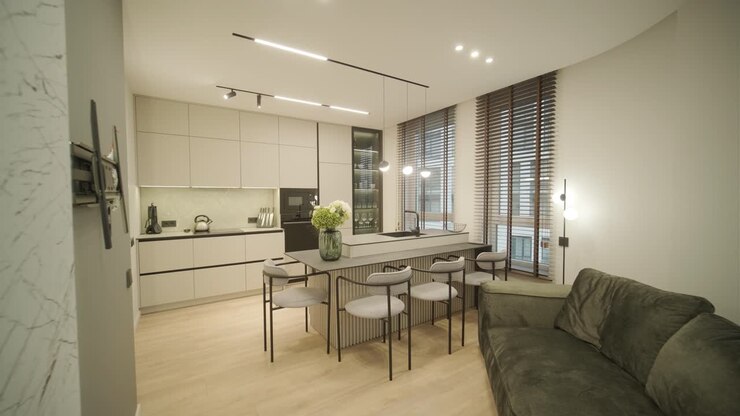 Interni di appartamento moderno e minimalista con arredamento semplice, toni neutri e linee pulite. Il design enfatizza la funzionalità, creando uno spazio abitativo sereno e organizzato.