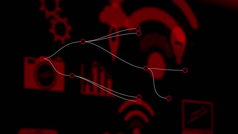 animation of red technology icons over black background with lines