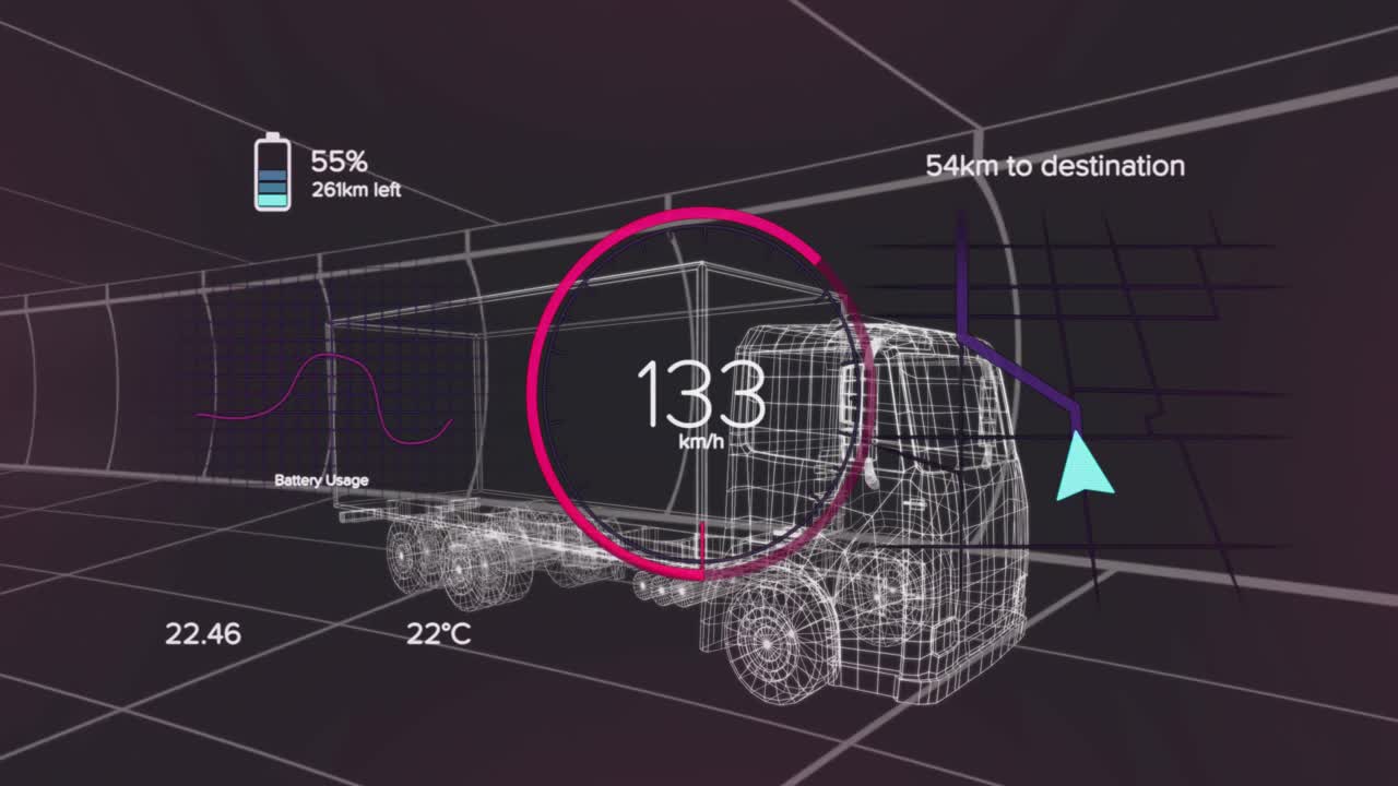 animación de números cambiantes en círculos, iconos de baterías sobre un modelo 3d de camión sobre fondo negro