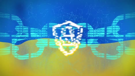 Animation-of-block-chain-and-shield-with-padlock-over-flag-of-ukraine