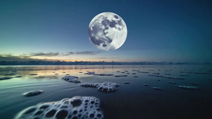 Câmera em ângulo baixo começando a se mover ao longo da praia ao crepúsculo, capturando a lua, manchas de espuma e poças.