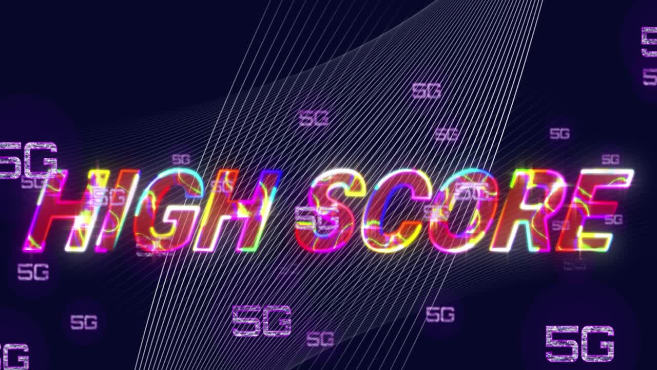 Animation of high score text over 5g text and data processing on dark background