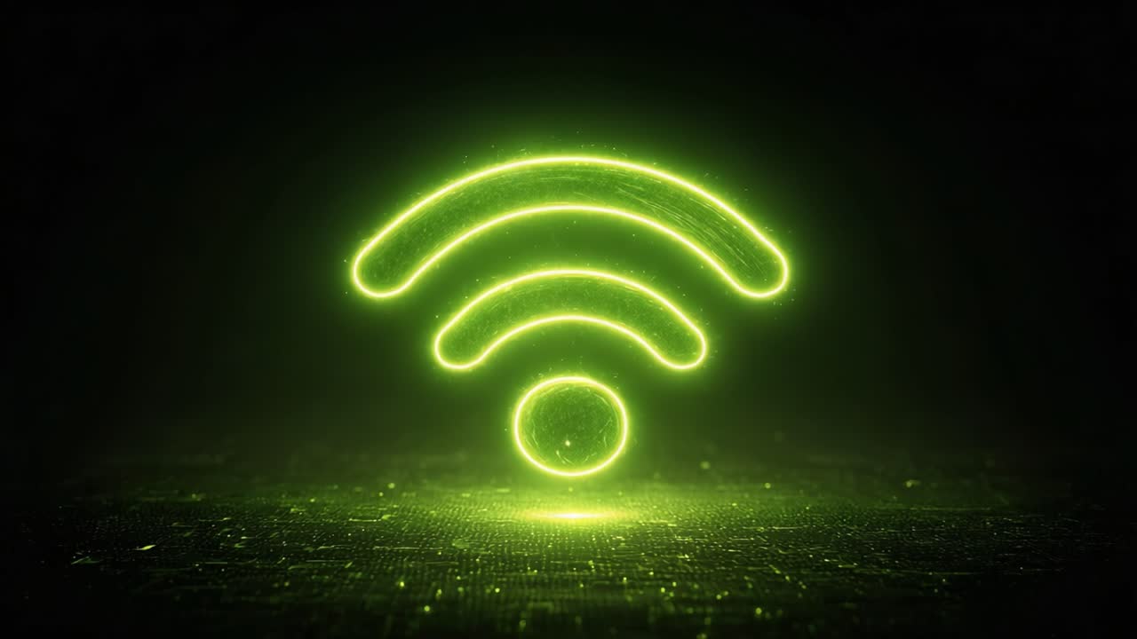 Simbol Wi-Fi Hijau yang Bersinar dalam Detail Menakjubkan Melambangkan Konektivitas dan Komunikasi Digital yang Berdenyut di Latar Belakang Gelap