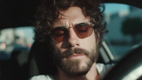 man driving car with sunglasses