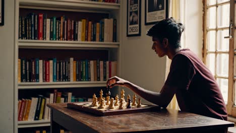 young man concentrating on a chess game in a library