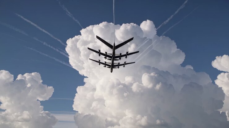 Meerdere bommenwerpers in formatie boven wolken