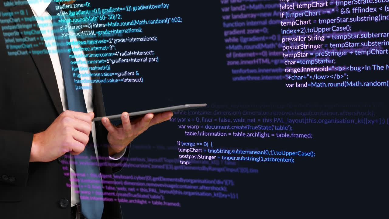 Animation of data processing and caucasian businessman with tablet on black background