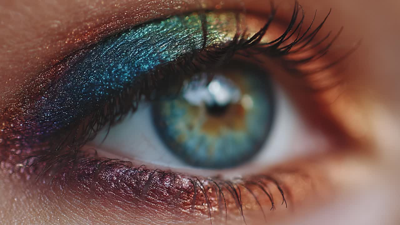 A Stunning Close-Up of an Artfully Made-Up Eye Showcasing Vibrant Colors and Glittering Shadows, Highlighting the Intricate Details of the Iris and Lashes