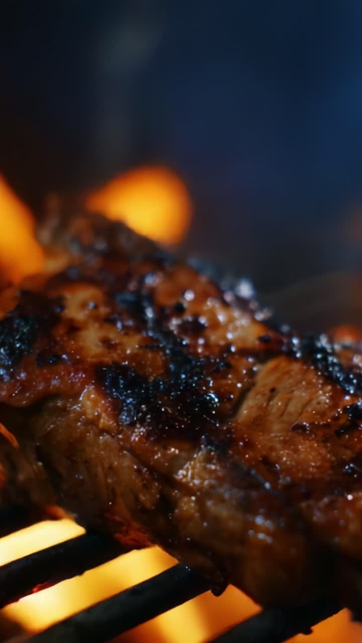 Carne alla griglia sfrigolante che cuoce su fiamme libere, che mette in risalto la consistenza succosa e la glassa saporita sul barbecue, perfettamente grigliata per essere deliziosa