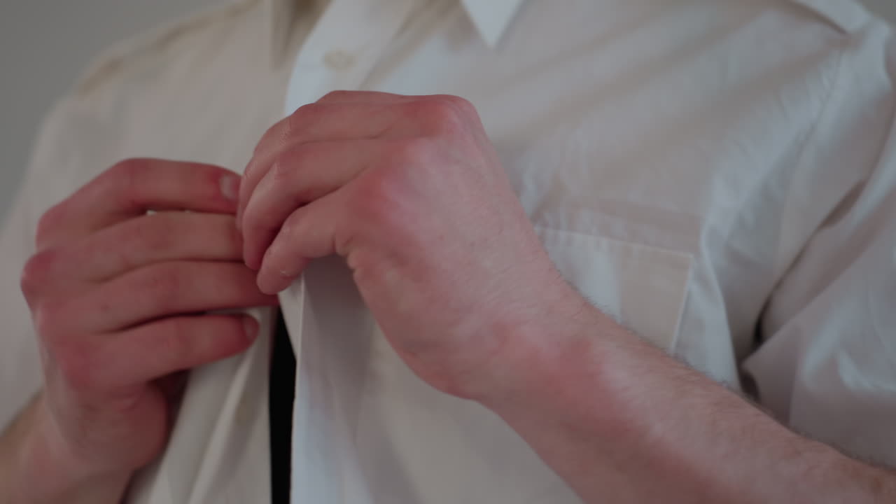 Close up showing fair skin person fastening crisp white shirt buttons during morning preparation ritual conveying meticulous attention calm yet focused mood glimpse into daily grooming process