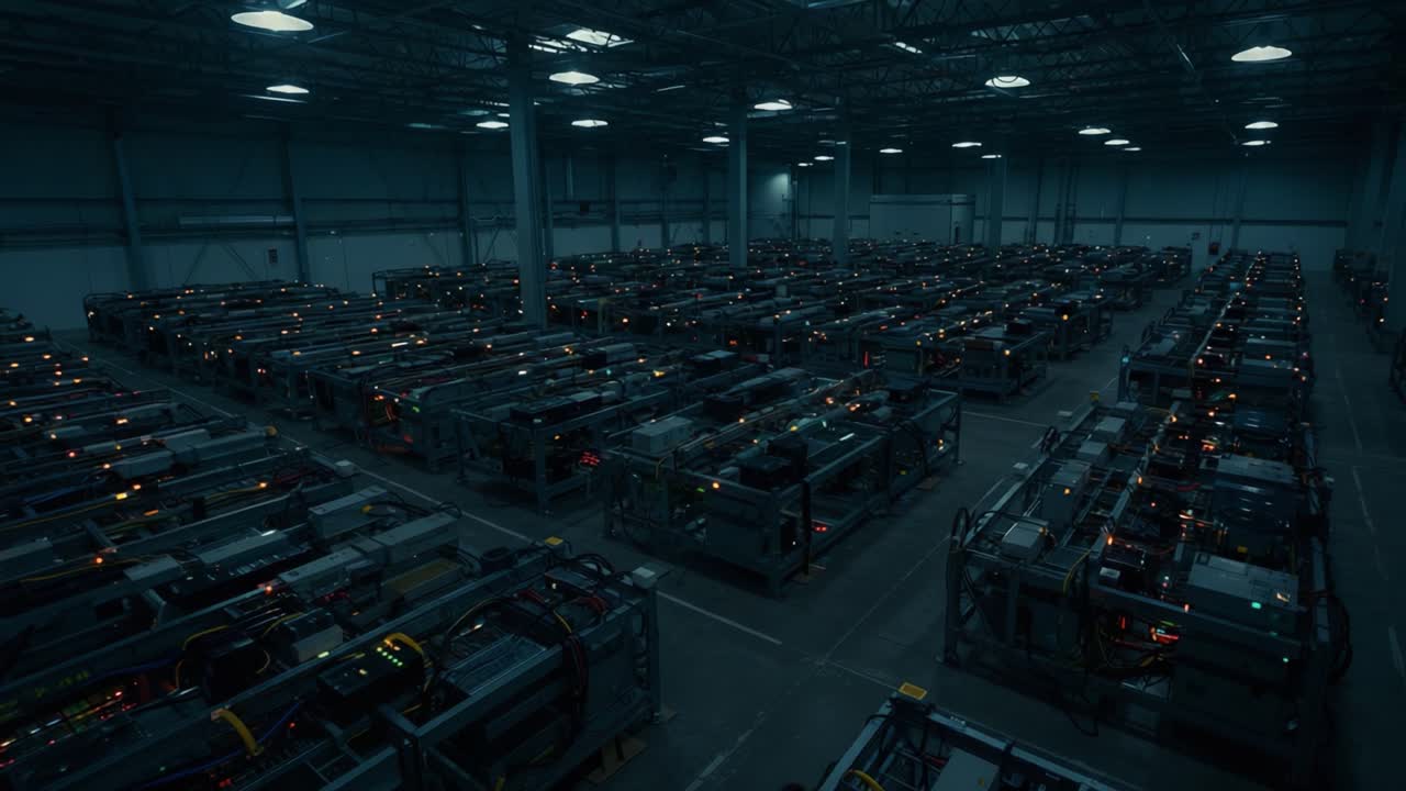 A Vast Array of Industrial Machines Illuminated in a Large Warehouse, Showcasing Advanced Technology and Complex Cabling in a Dark Environment