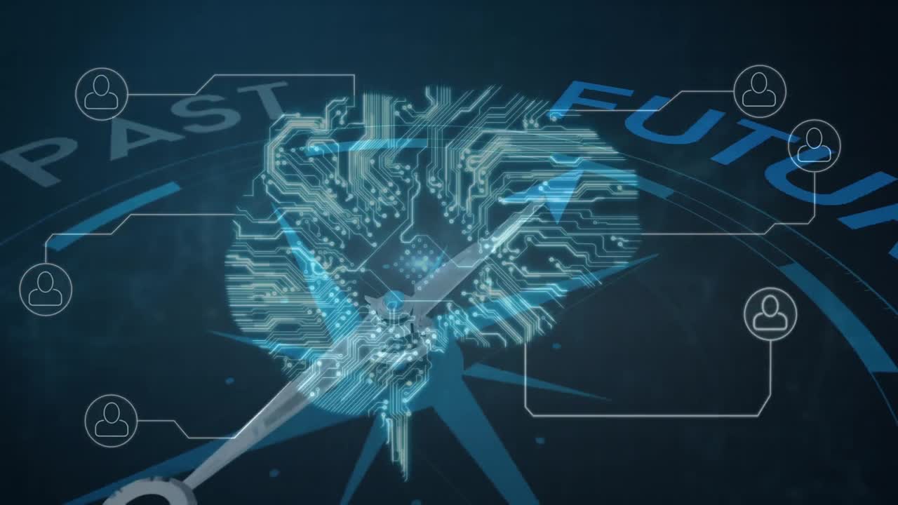 Future past compass over futuristic brain.
