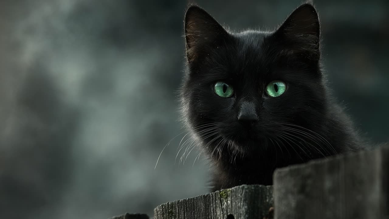 A Captivating Black Cat Observing Its Surroundings with Striking Green Eyes, Perfectly Positioned Against a Mysterious Background