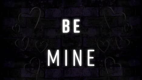 animation of words be mine with red and pink neon hearts flashing on black background