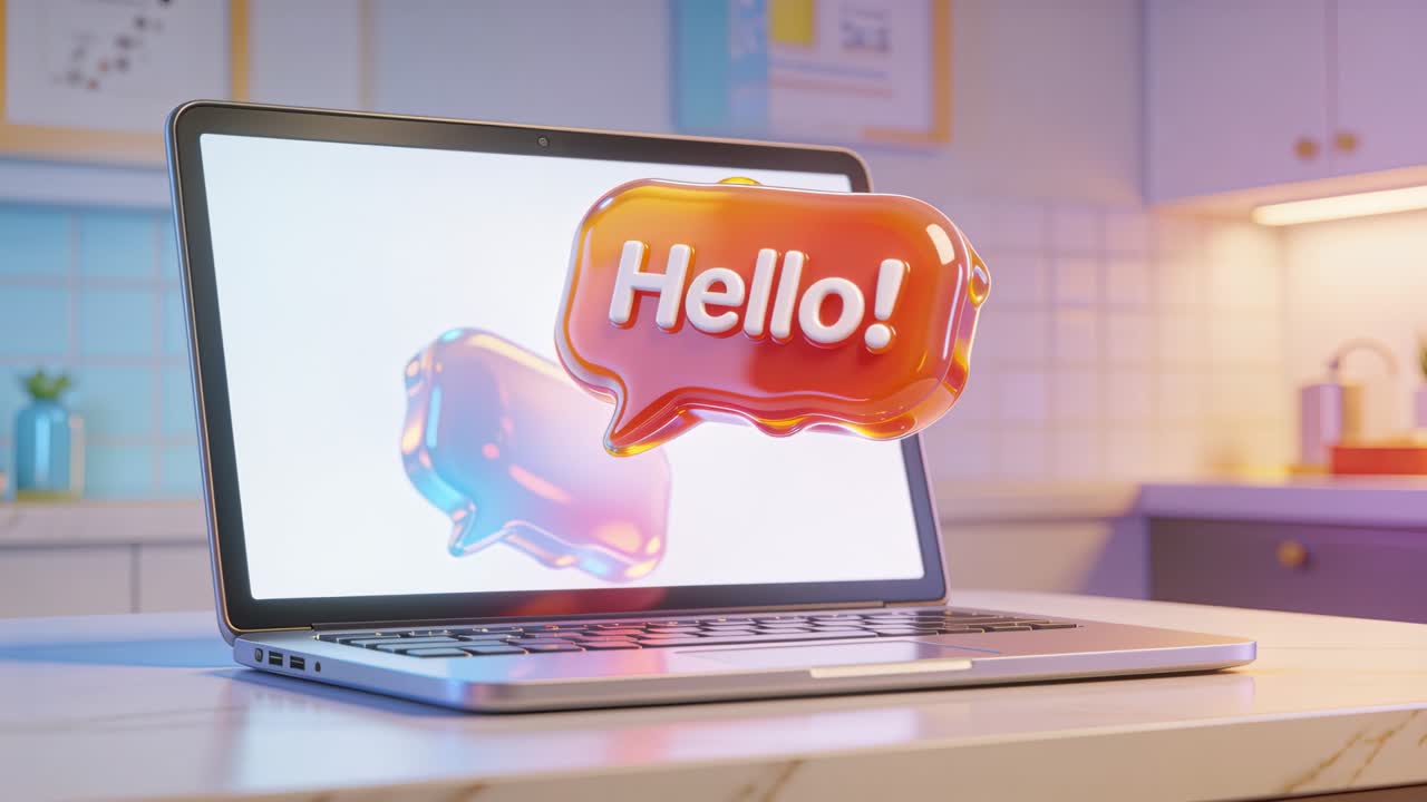Screen animation launching orange 3D Hello bubble from laptop screen on counter, greeting viewer