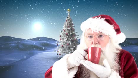 Santa-drinking-cup-next-to-Christmas-tree