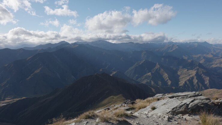 View of mountains and landscape on a sunny summer day at Ben Lomond, Queenstown, New Zealand
