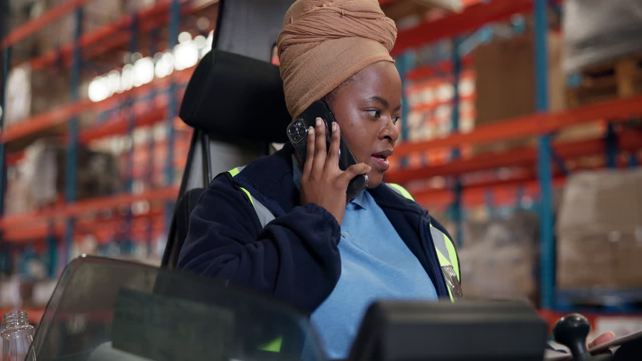 Young Black Woman Talking on Phone in Warehouse Forklift
