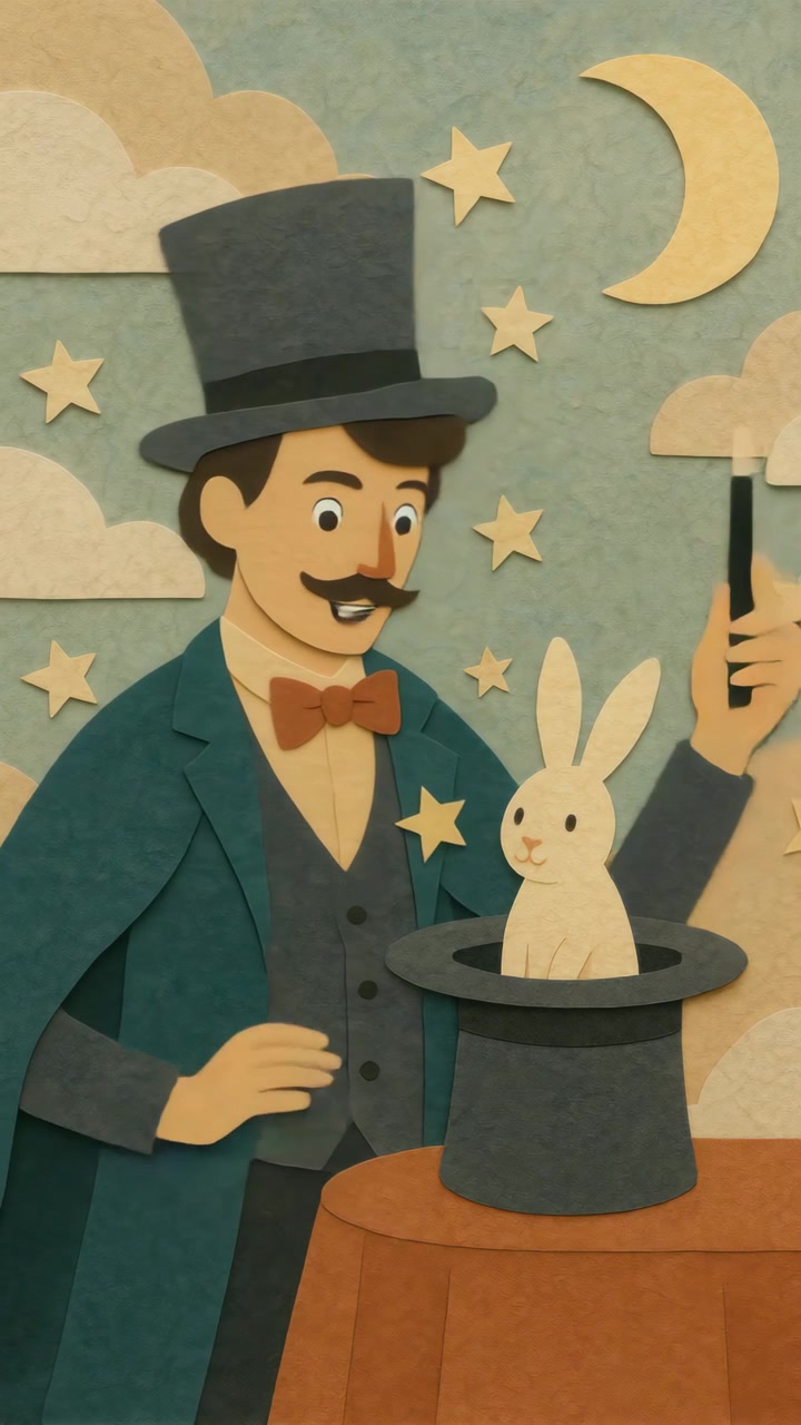 Magician Performing a Rabbit Trick in Paper Cutout Style