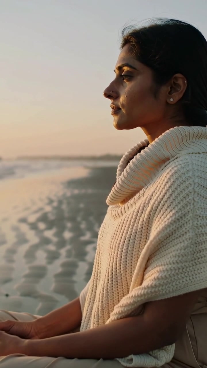 Vertical video: Putting folio on knees, woman in knit cowl raising gaze toward sea to watch sunset