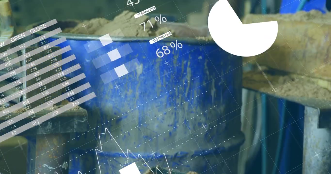 Animation of data processing on graphs and charts over industrial construction site