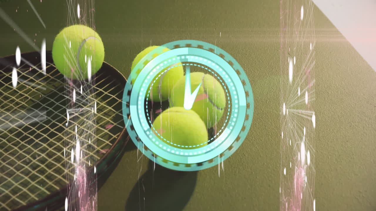 Tennis balls spinning under neon turquoise overlay on green court, showing racket and light streams