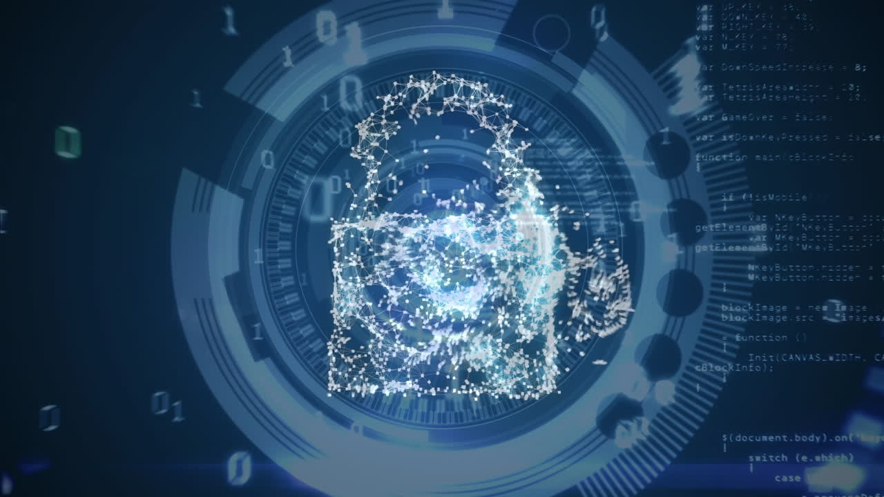 Animation of digital cloud, padlock and shield over blue background with binary code