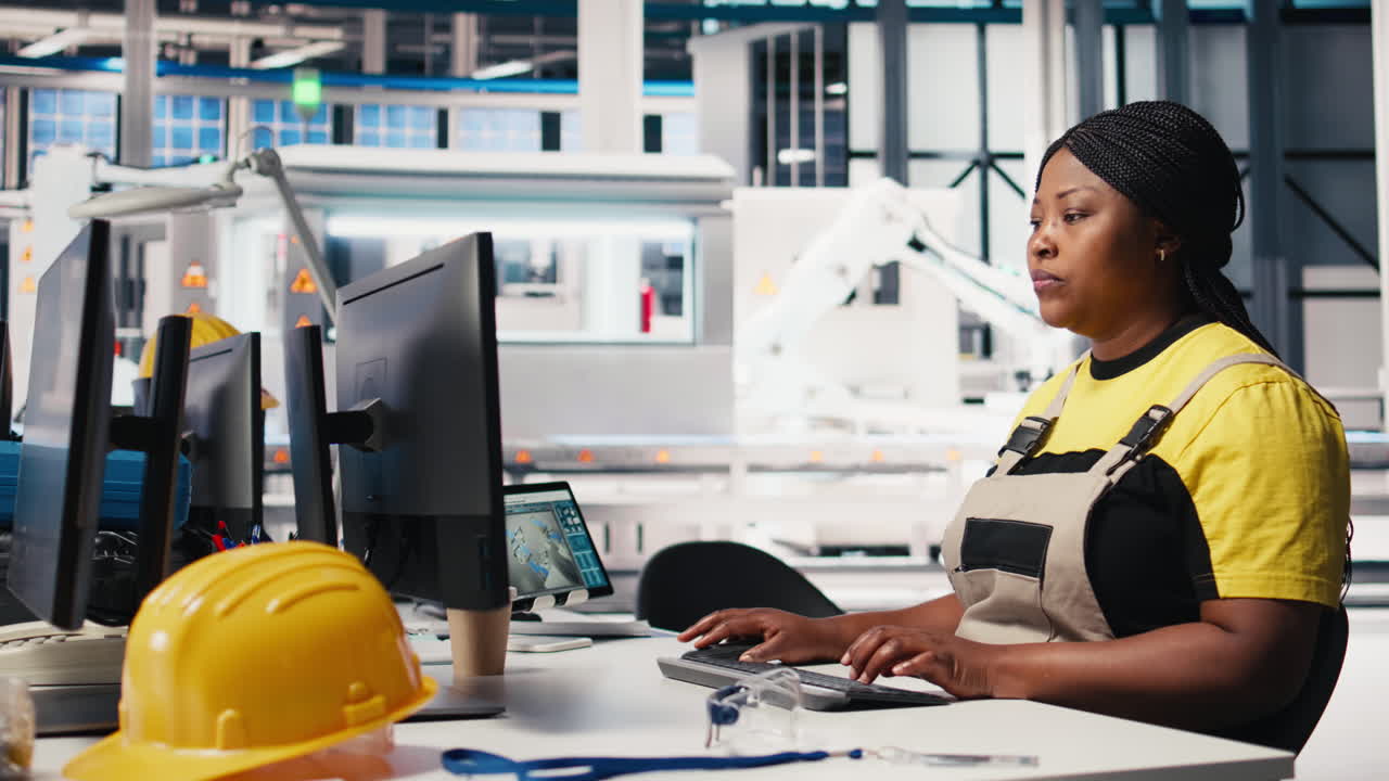 Vertical Video Technician monitors manufacturing data on pc in solar panel factory