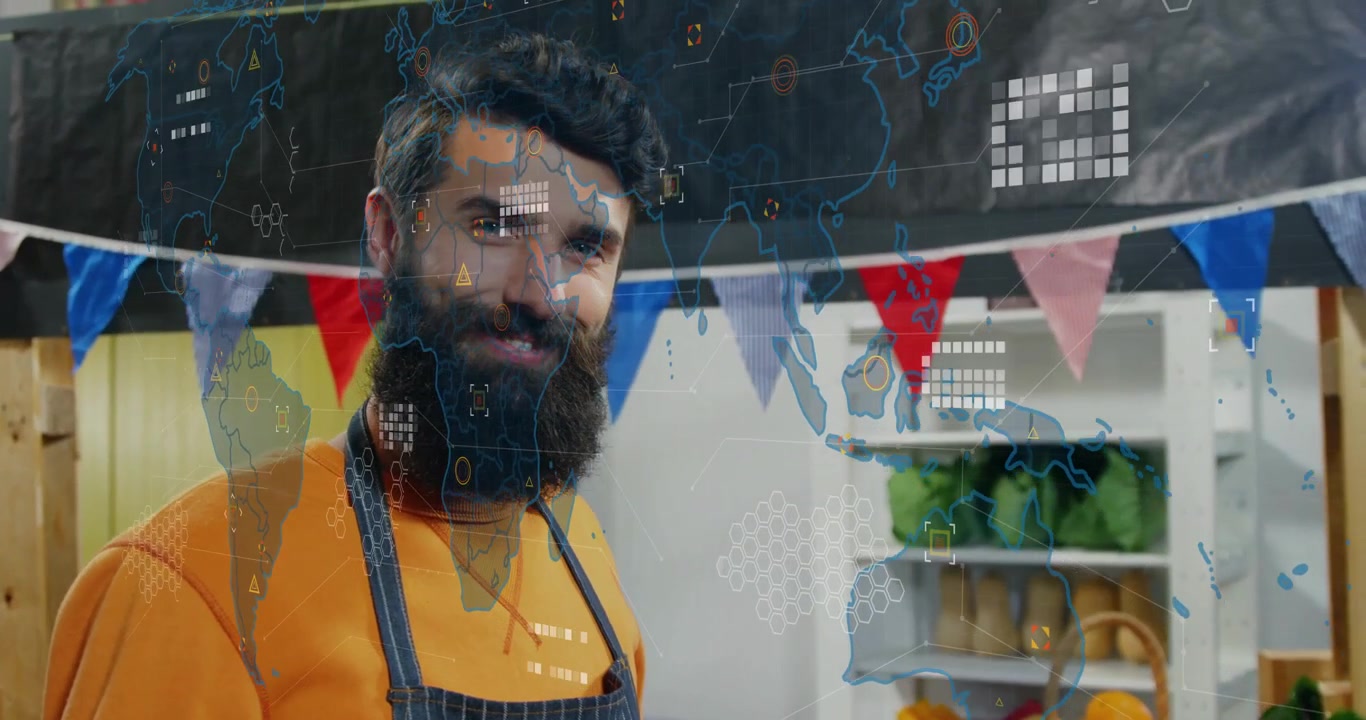 Venditore di prodotti agricoli che sistema il cesto al mercato mentre una sovrapposizione di mappa mondiale appare gradualmente in un contesto promozionale.