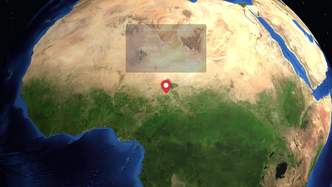 Animazione 3D della Terra che zooma su Maiduguri, Nigeria con dati di localizzazione