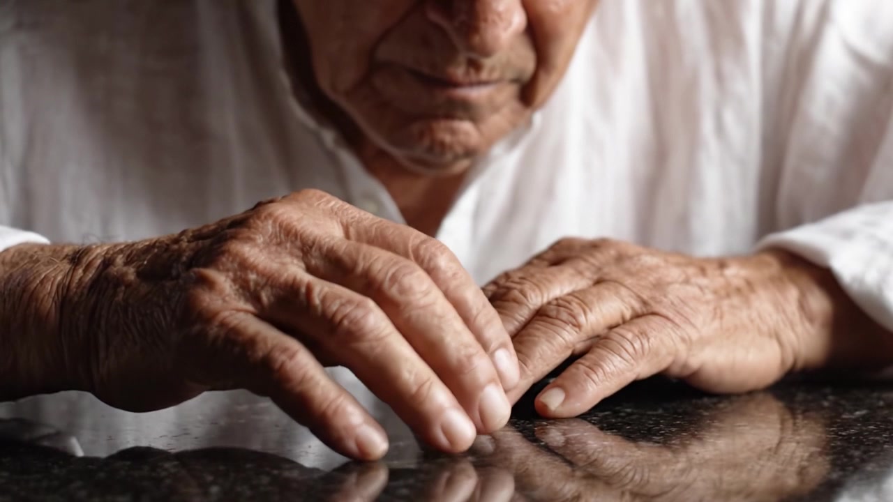Una riflessione sul tempo: le mani delicate di una persona anziana che riposano su un tavolo, evocando ricordi e storie da una vita di esperienza.
