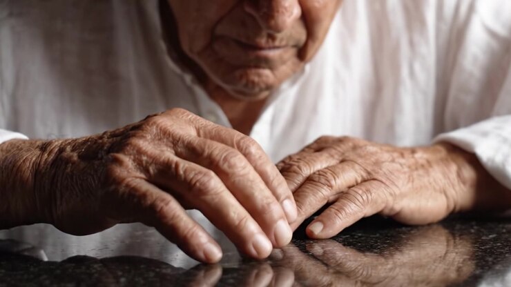 Una riflessione sul tempo: le mani delicate di una persona anziana che riposano su un tavolo, evocando ricordi e storie da una vita di esperienza.