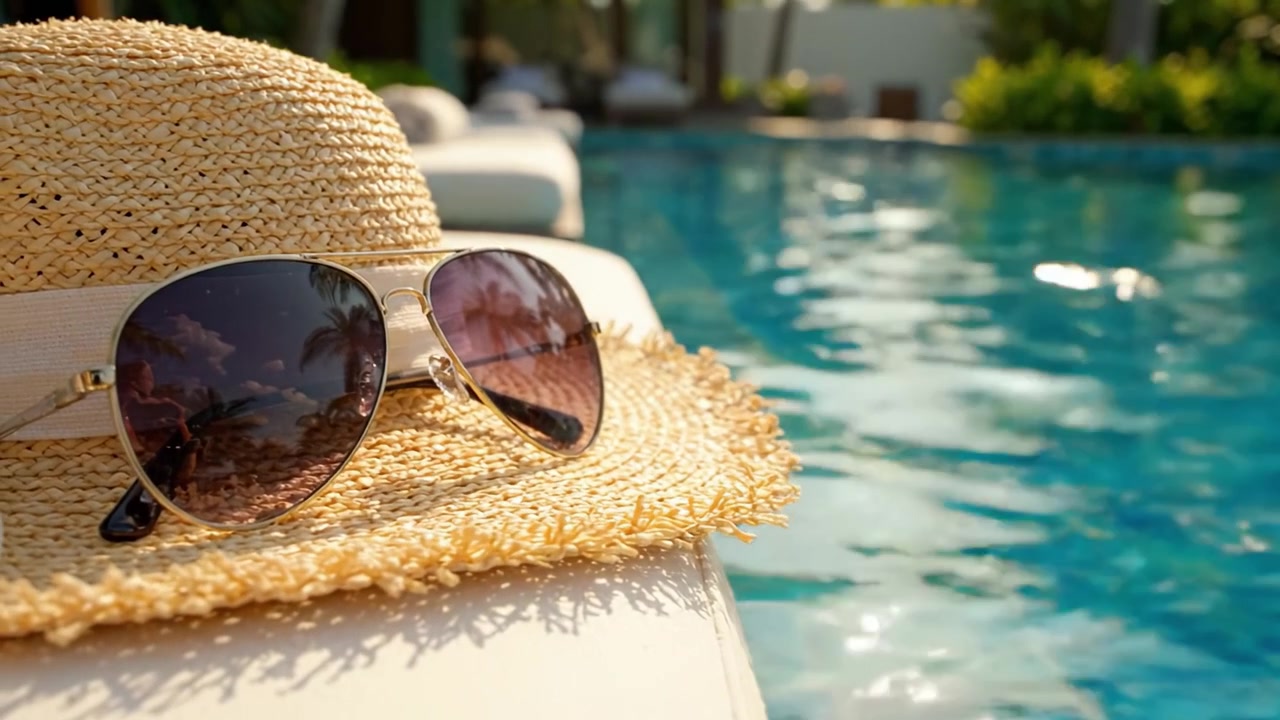 Eine entspannte Sommerstimmung: Ein stilvoller Hut und eine Sonnenbrille am glitzernden Poolrand, perfekt für Freizeit und glückselige Momente unter der Sonne.