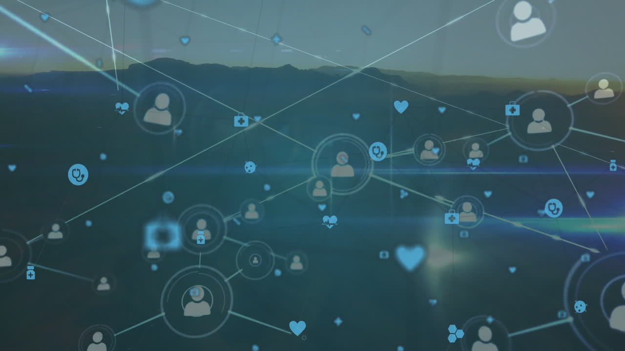 Animation of social media icons connecting over landscape background