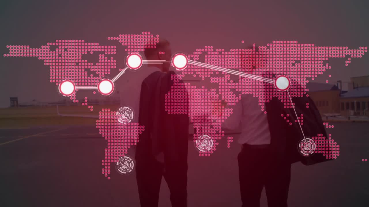 연결된 점들의 애니메이션, 공항에서 개인 제트를 향해 고 있는 다양한 사업가들의 지도