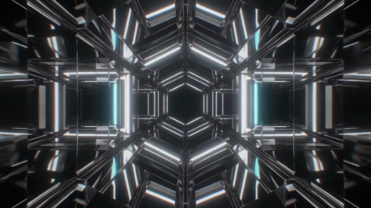 Tunnel esagonale futuristico con luci bianche luminose