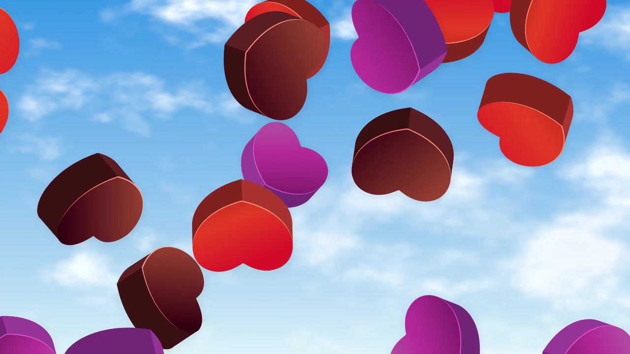 Cuori 3D rossi e viola fluttuano e volteggiano su uno sfondo di cielo blu soleggiato