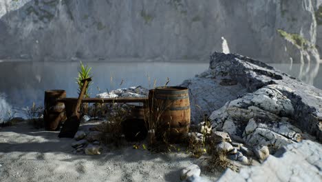 Holzfässer-Mit-Meeresfischen-Am-Sandstrand