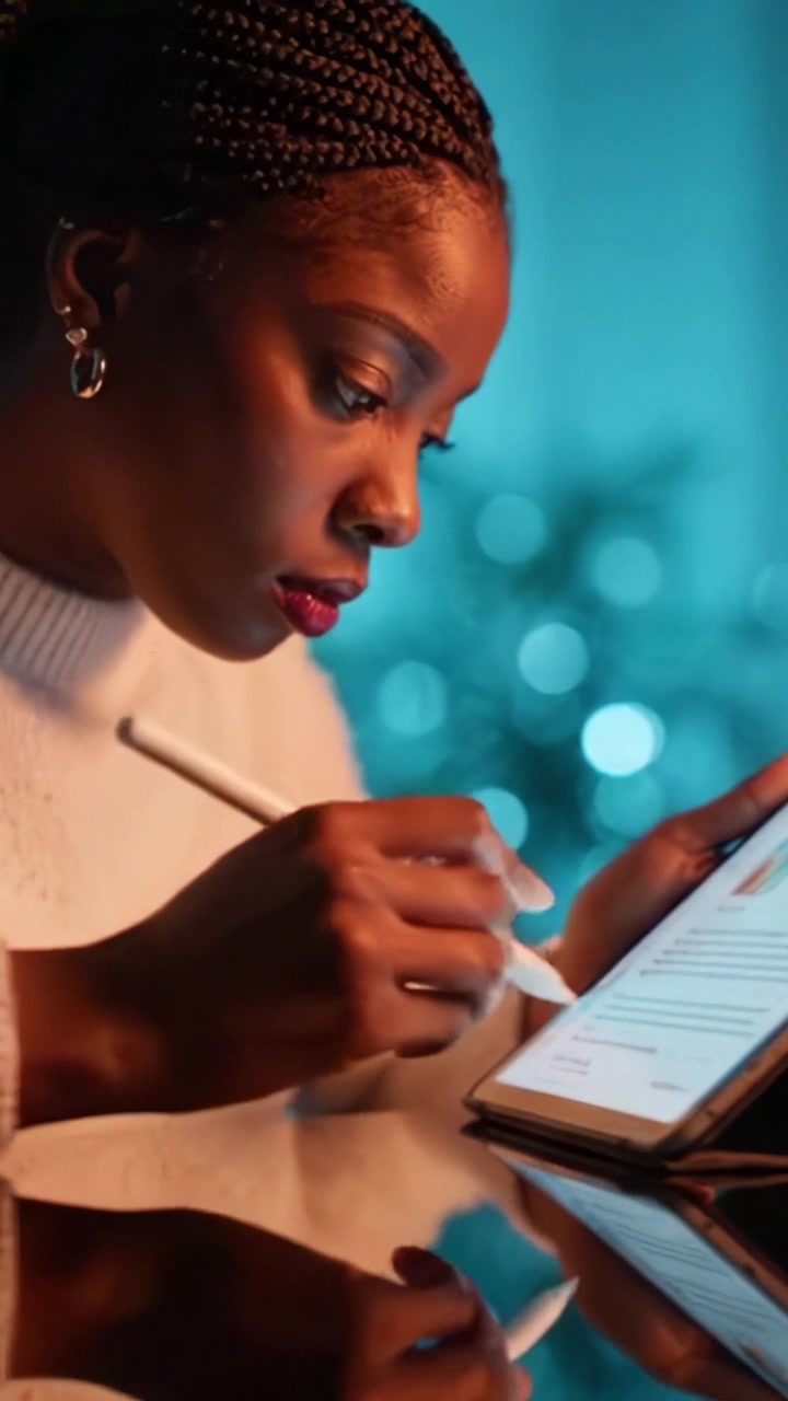 A focused individual engaged in digital note-taking, using a tablet to enhance productivity while writing with a stylus in a modern, ambient-lit environment.