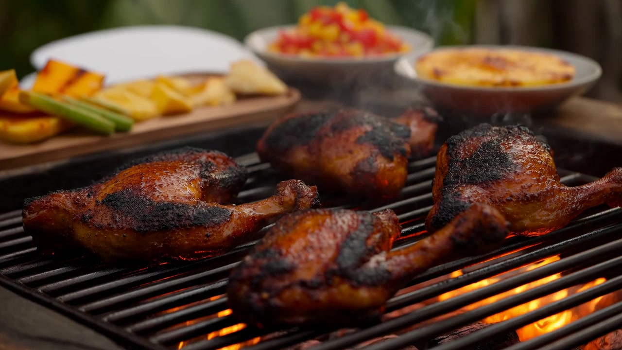 Cuisses de poulet grillées et noircies sur le barbecue, scène extérieure fumante avec des braises flamboyantes et un glaçage grésillant, accompagnements.