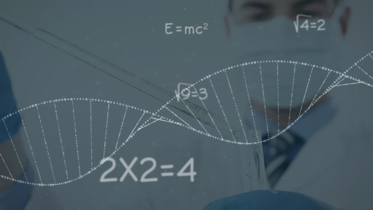 마스크를 쓴 과학자에 대한 dna와 수학적 방정식.