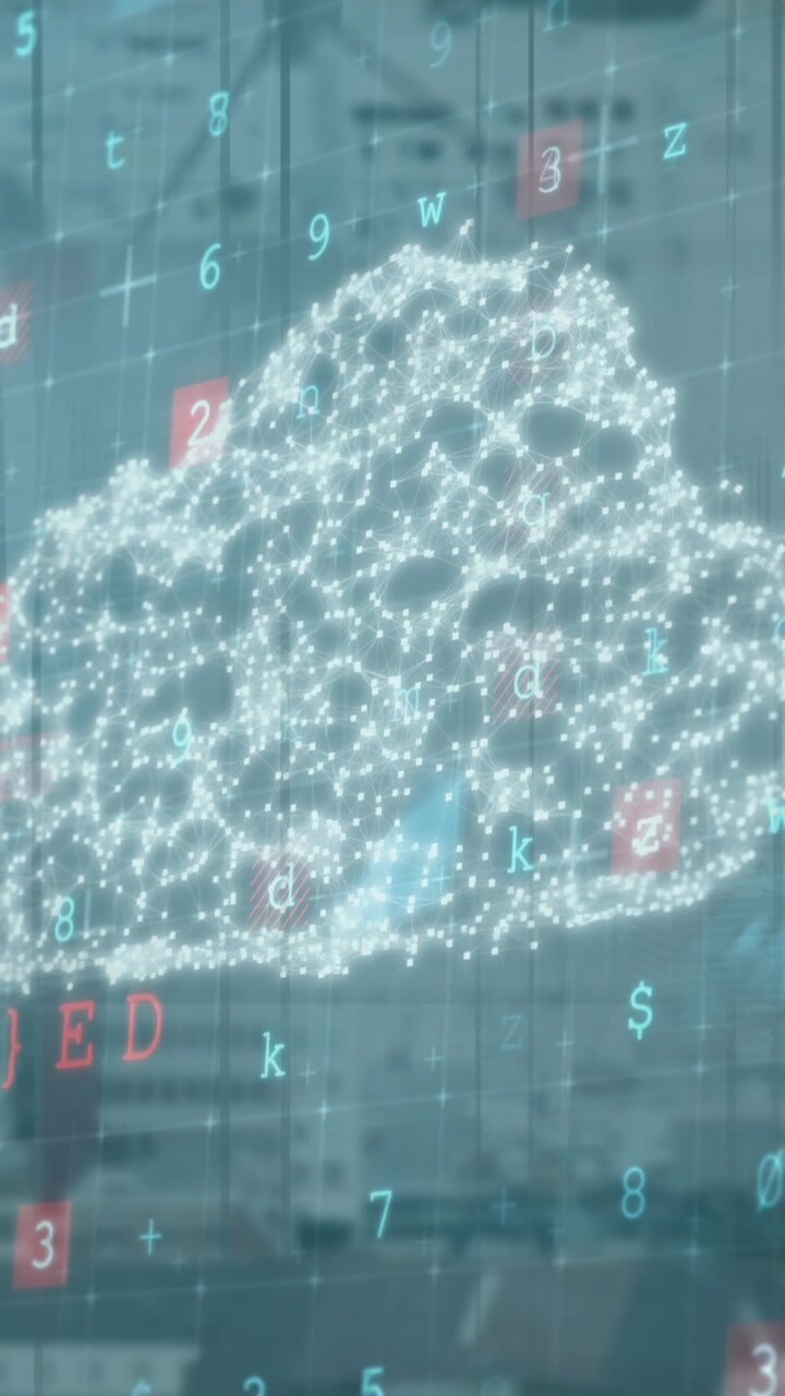 Animation of digital cloud and numbers over citycape