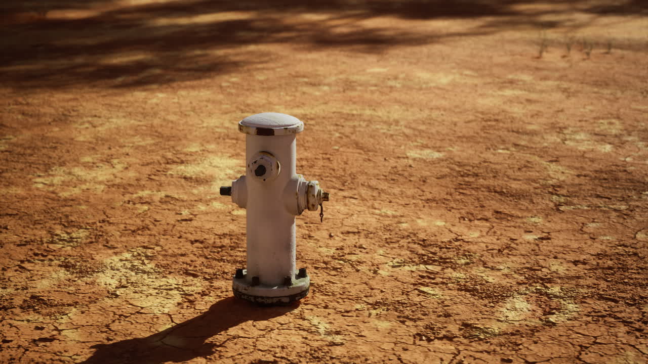 Hydrant stands alone on cracked earth under the warm sun of a dry landscape