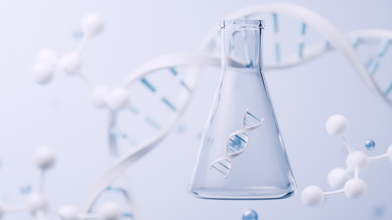 코닉 플라스크 및 생물학적 개념 배경, 3d 렌더링