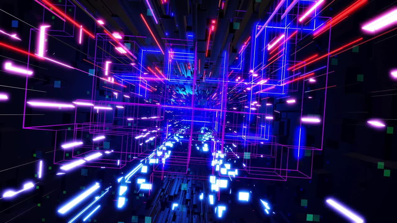 el concepto de tecnología profunda o tecnología de la información. gráfico de movimiento de fondo en bucle 3d. vuelo azul oscuro de ciencia ficción a través del espacio digital tecnológico, luz de neón. flujo de información de alta tecnología en blockchain o bigdata.