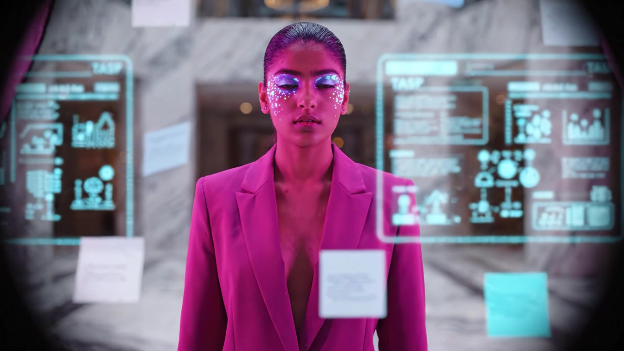 Futuristic Fashion in Pink: A Stylish Model Showcases Innovation and Elegance Amidst a Luxurious Marble Background and Modern Visual Elements